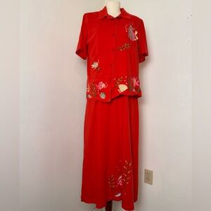 Women’s Vintage Country Concept Red Maxi Dress Embroidered Fish 2 Piece Medium